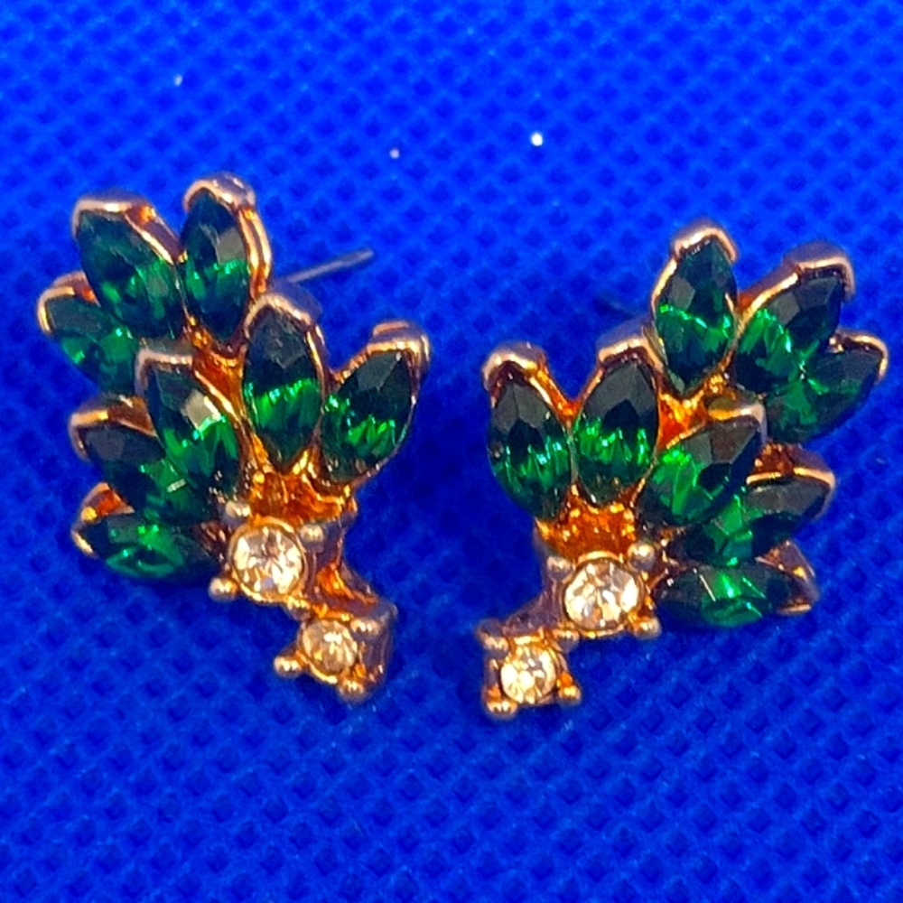 2/$10 Emerald Green & Diamond Gemstones Cluster Costume Earrings